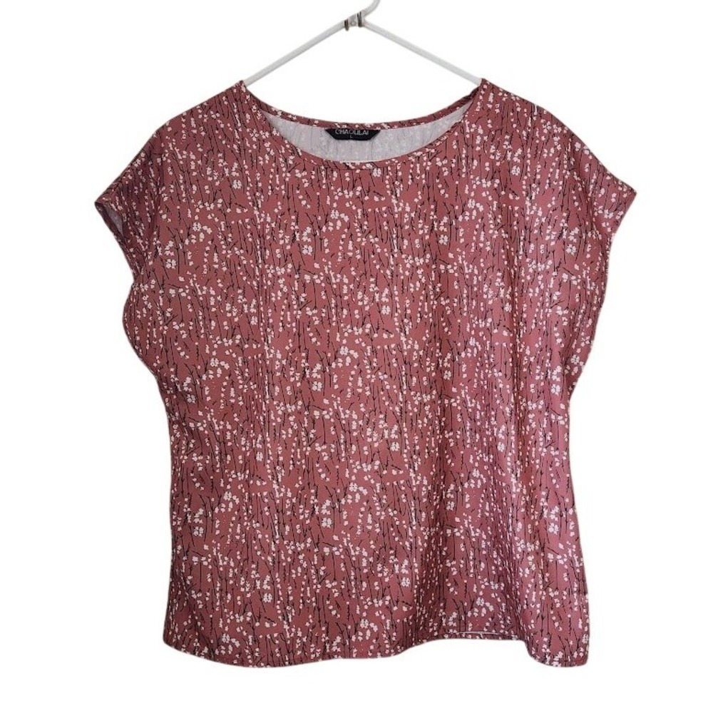 Chaolilai Womens Dusty Rose Floral Cap Sleeve Blouse Round Neck Top Size L 234
